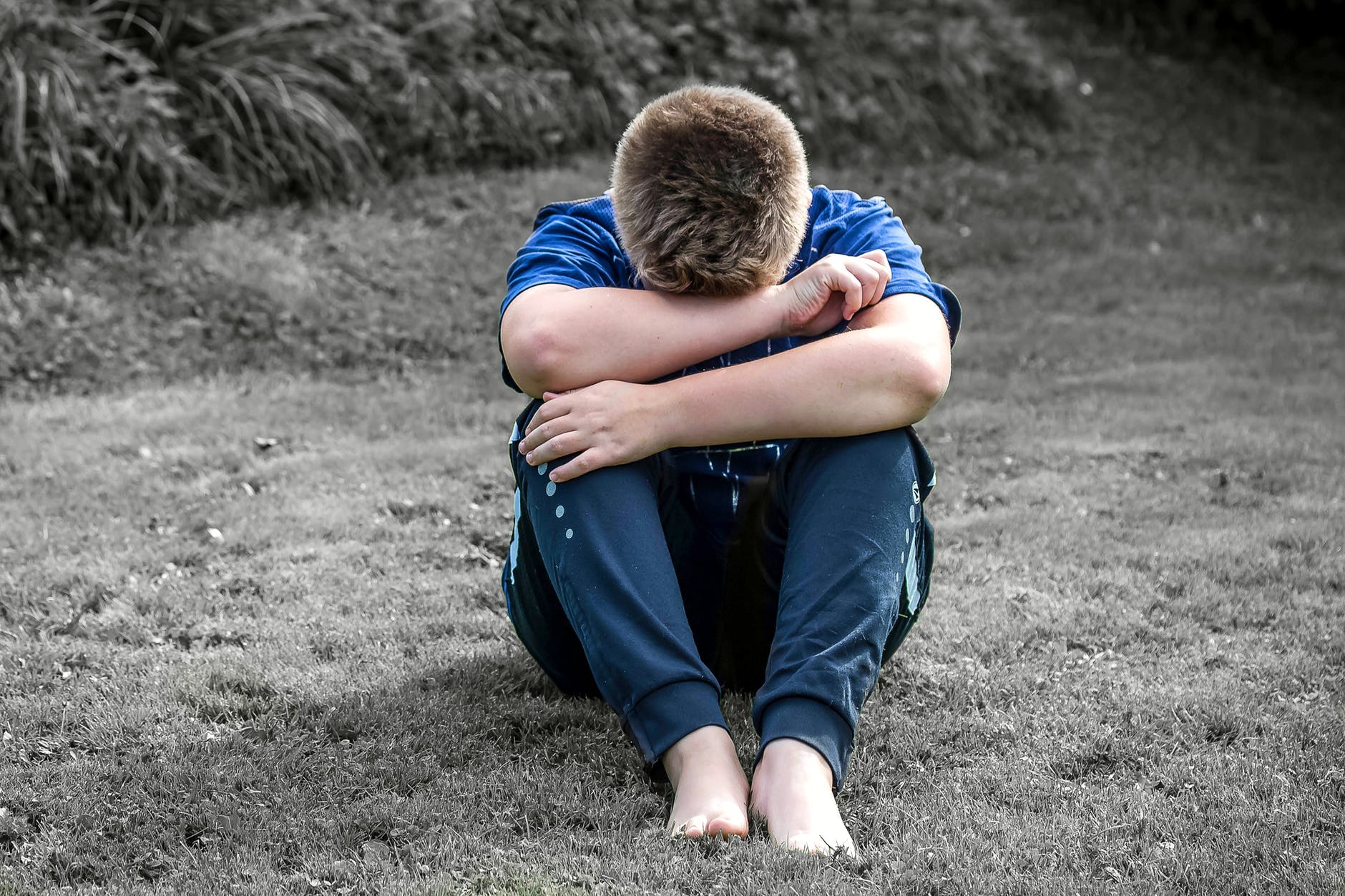rear view of a boy sitting on grassland